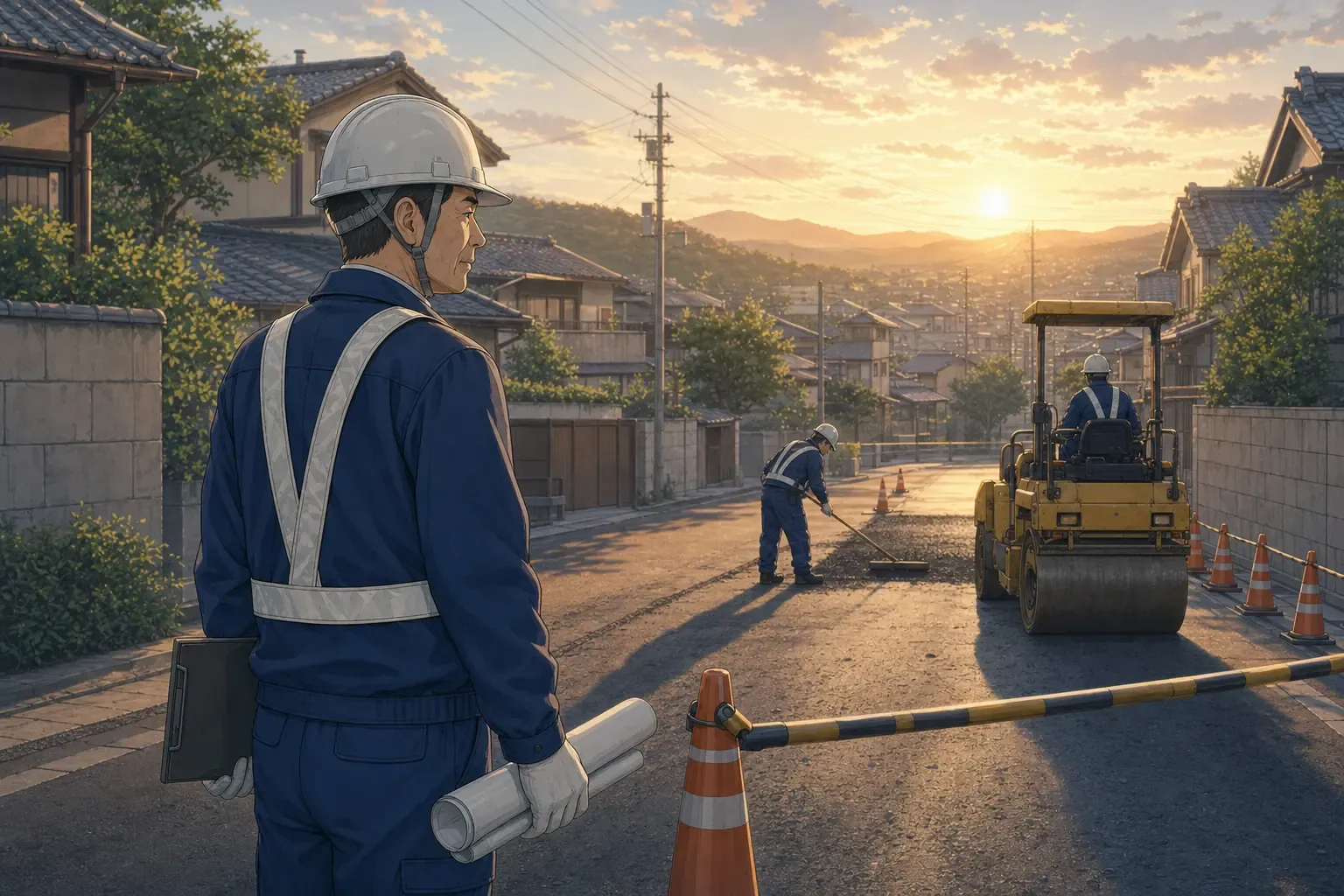 朝の道路工事現場を見渡す作業服姿の現場責任者