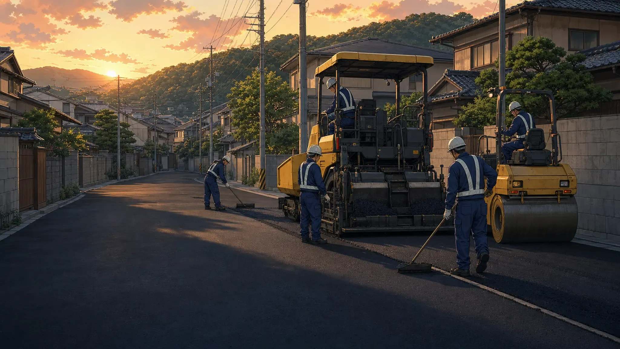 夕暮れの住宅街でアスファルト舗装工事を行う作業員たち