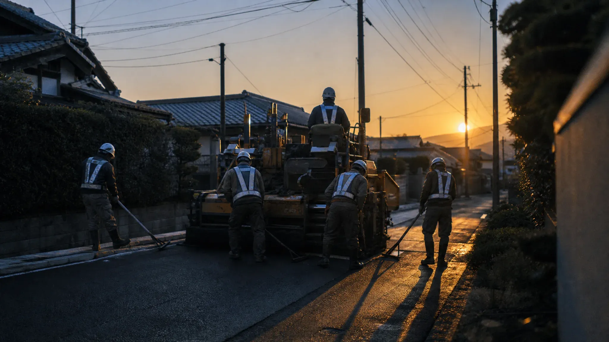 夕暮れの住宅街でアスファルト舗装工事を行う作業員たち