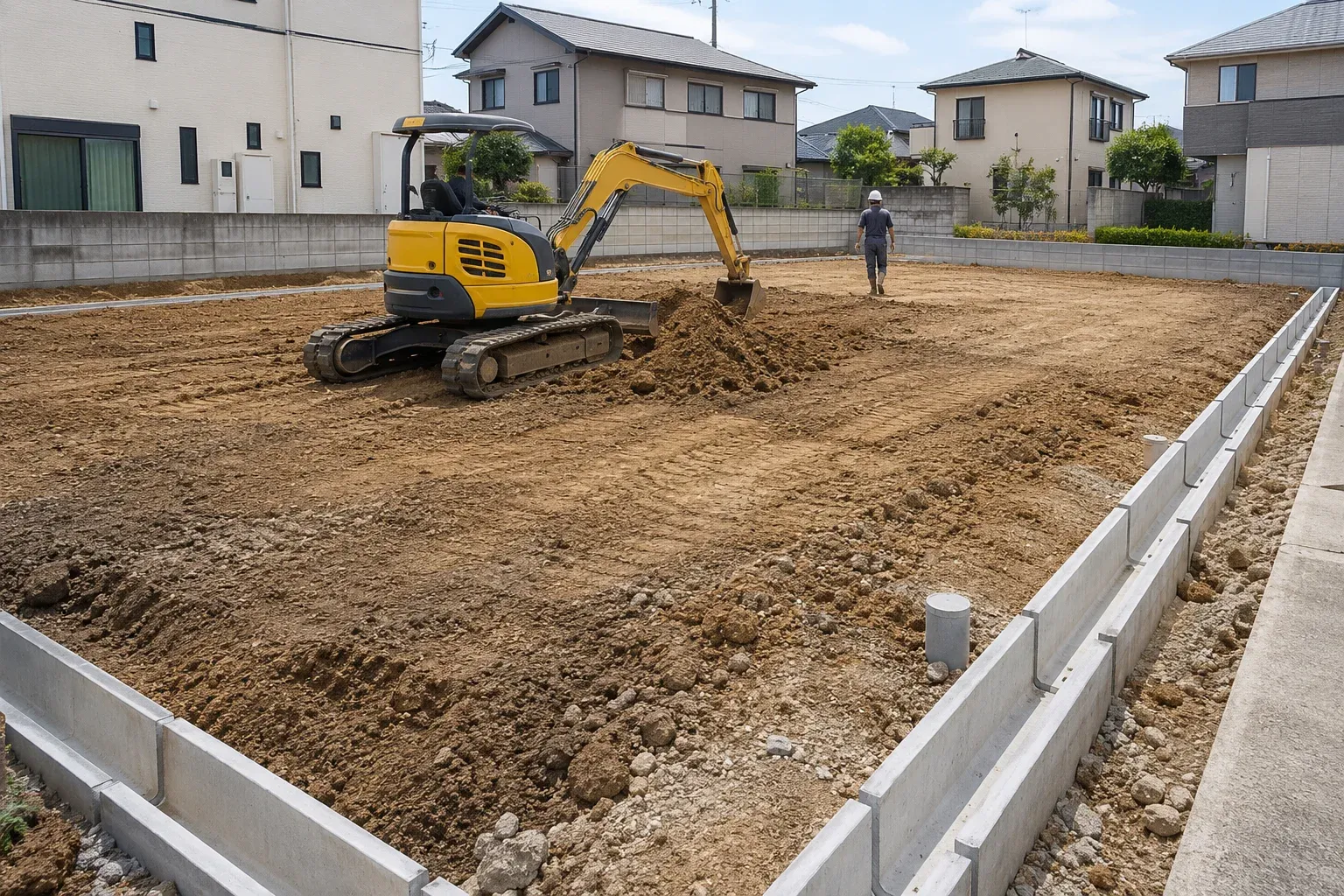 宅地造成の現場で小型ショベルカーが整地している様子