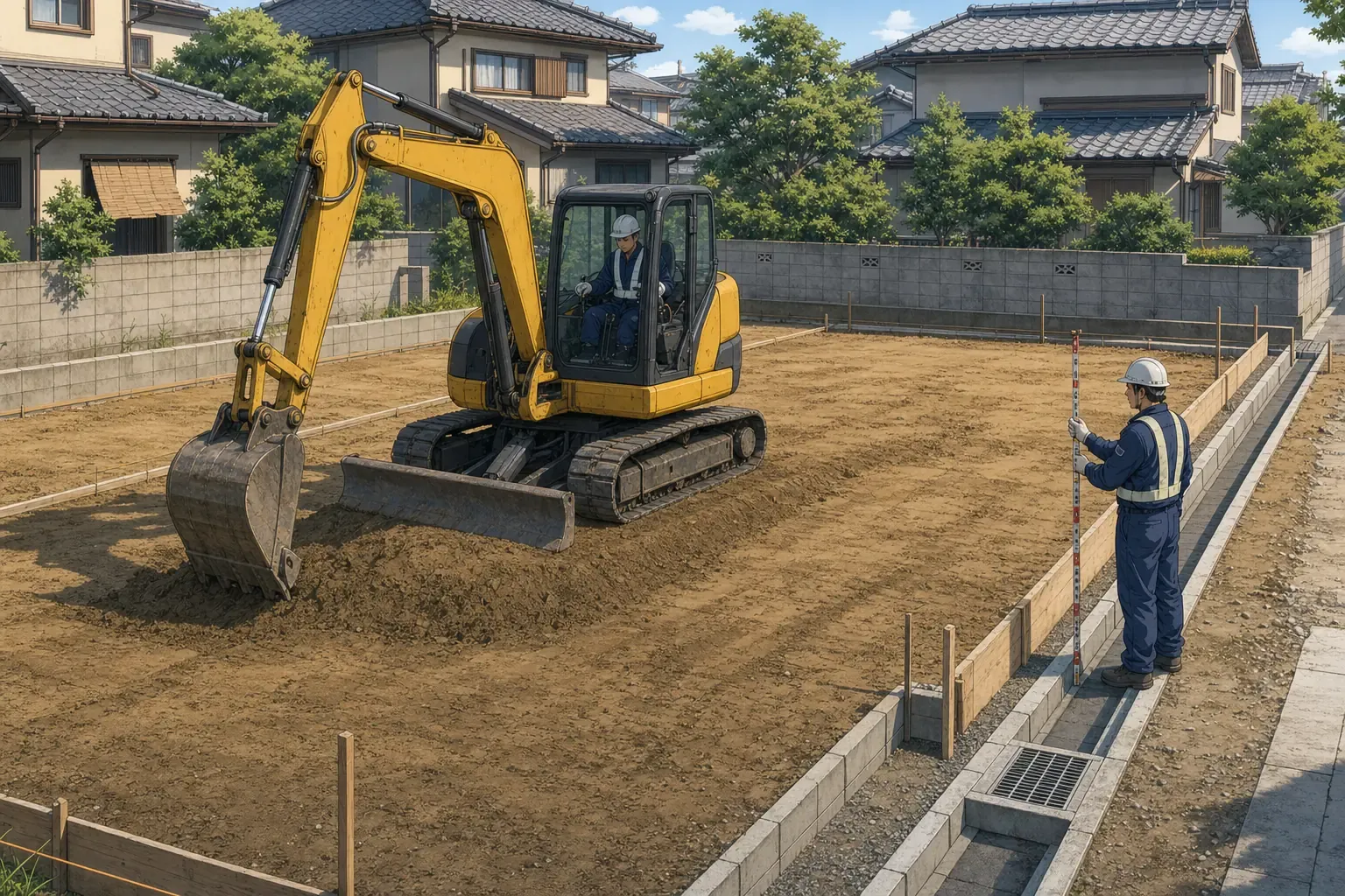 宅地造成の現場で小型ショベルカーが整地している様子