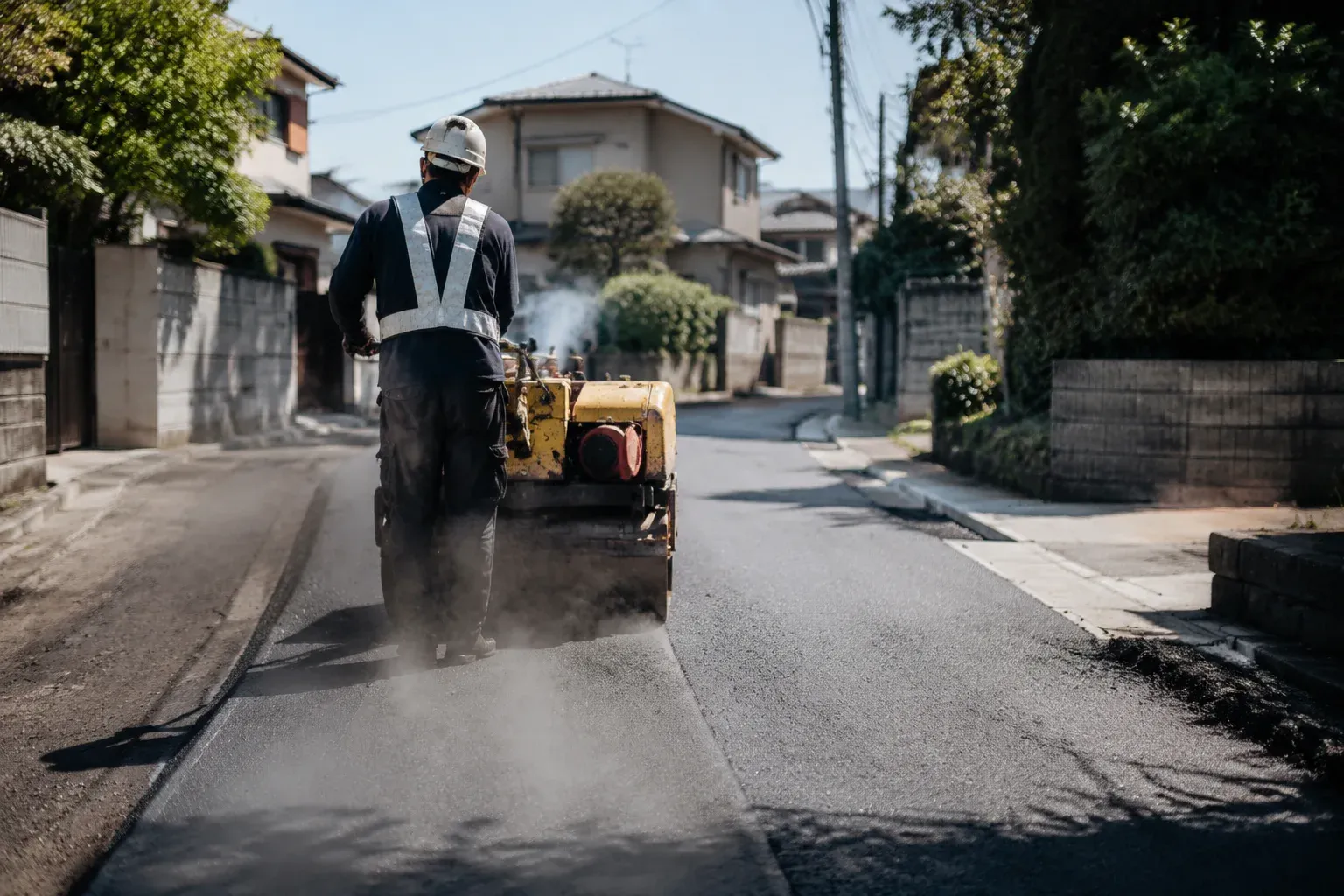 住宅街の道路でロードローラーがアスファルトを転圧している様子