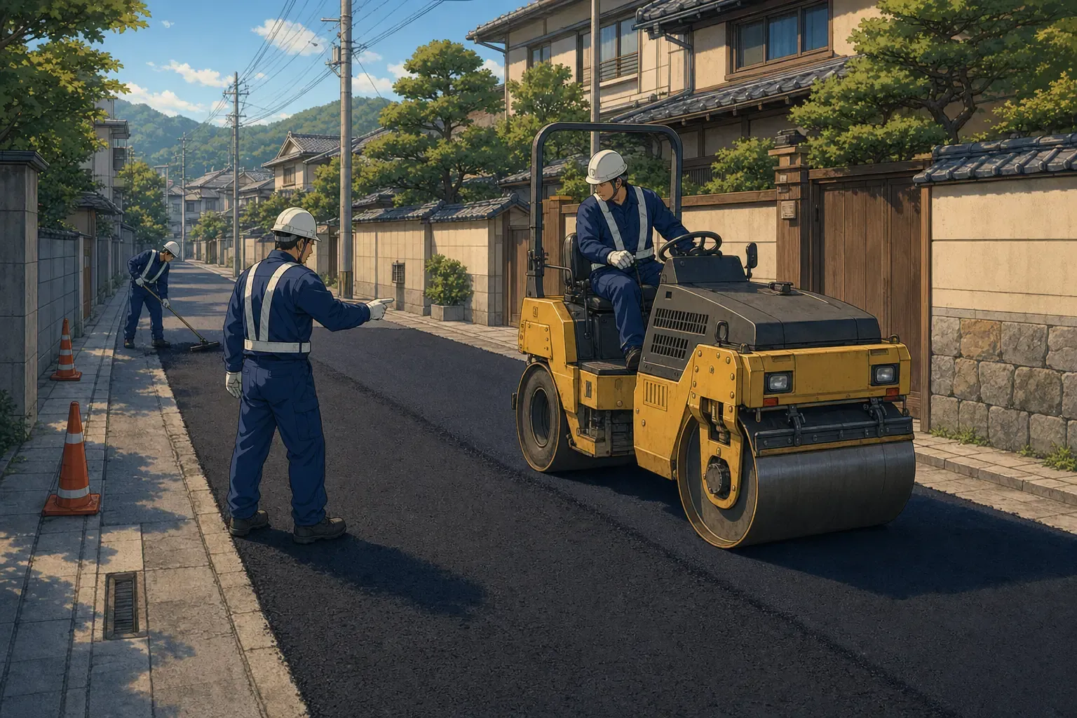 住宅街の道路でロードローラーがアスファルトを転圧している様子