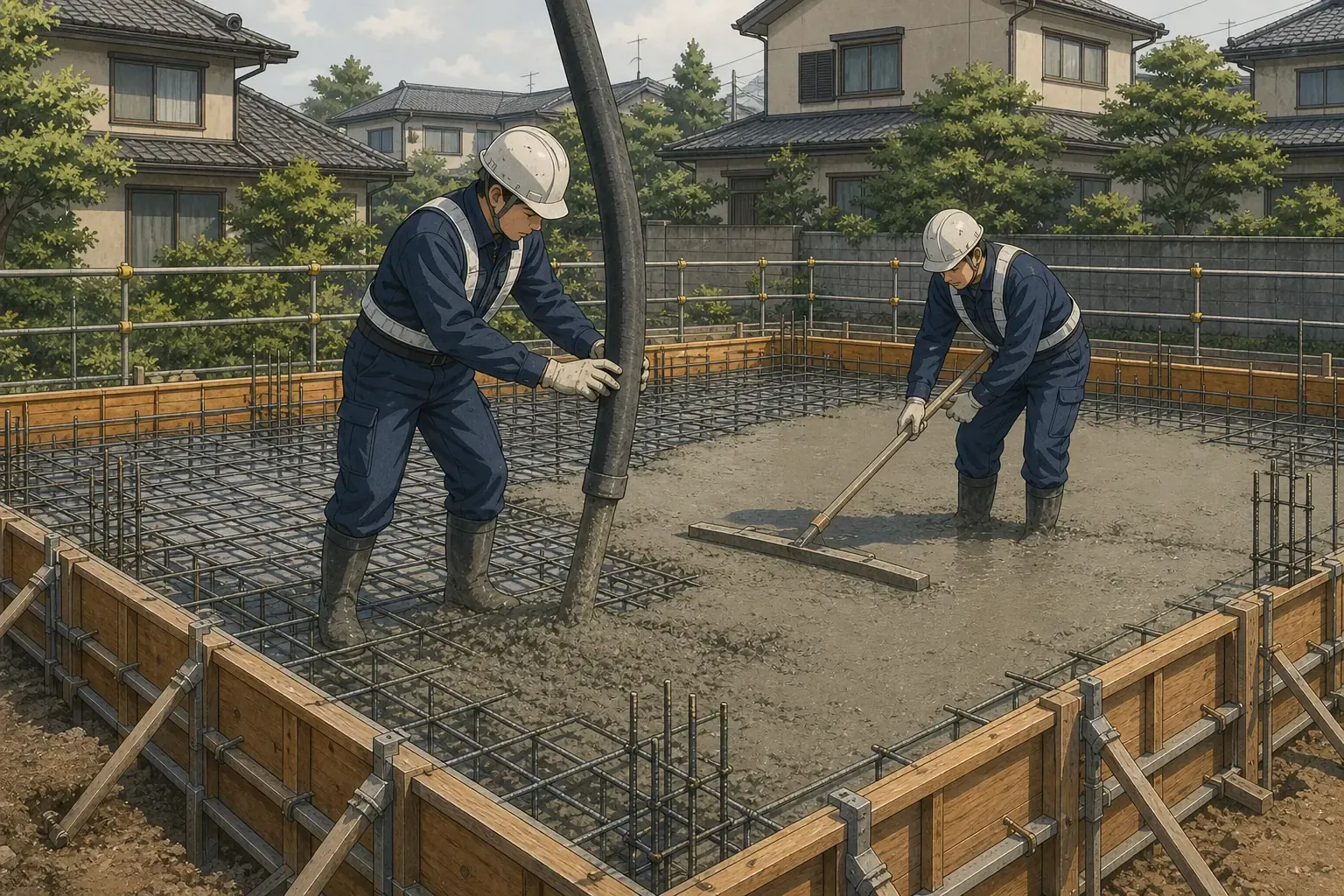 基礎工事の現場で型枠と鉄筋にコンクリートを打設している様子
