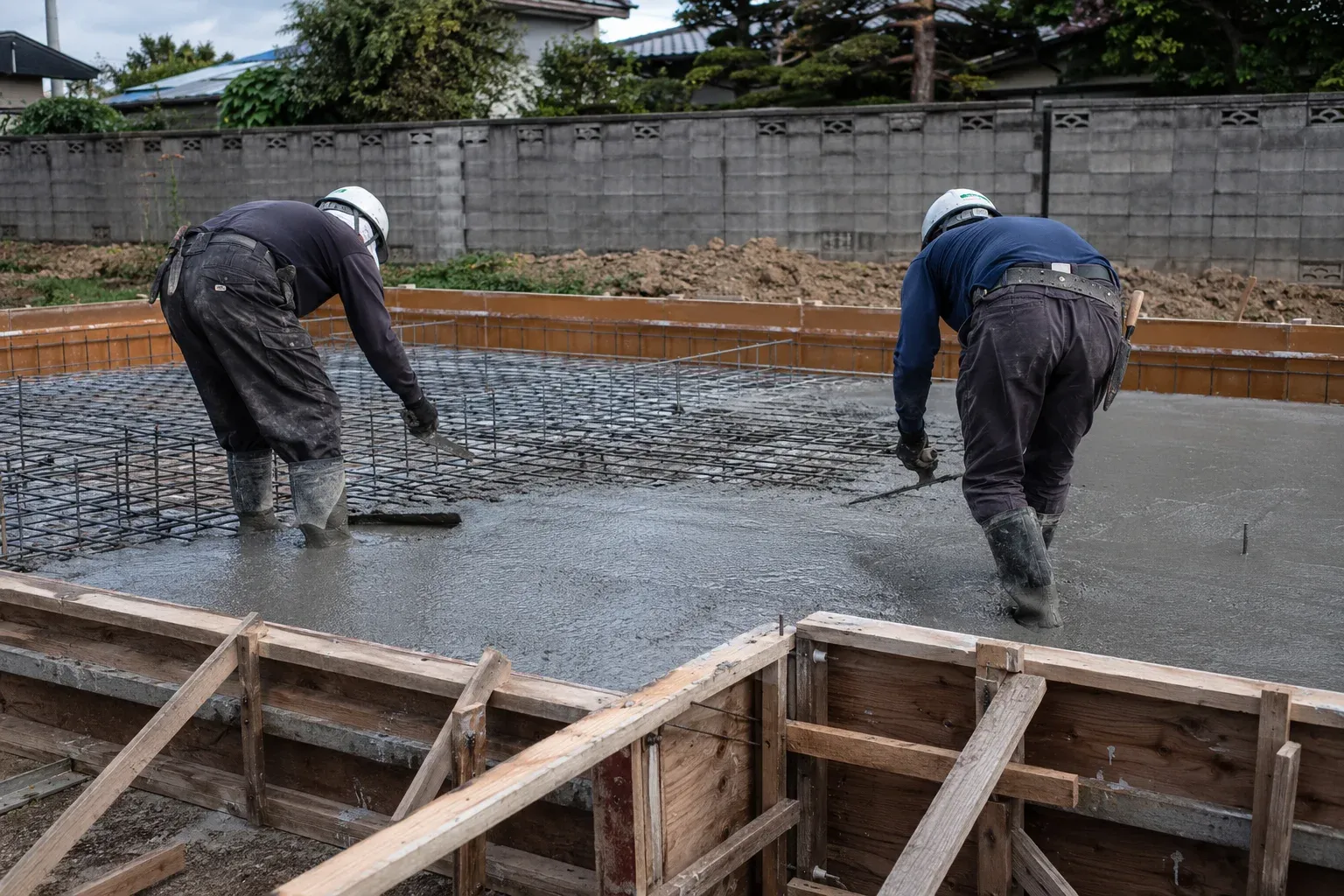 基礎工事の現場で型枠と鉄筋にコンクリートを打設している様子